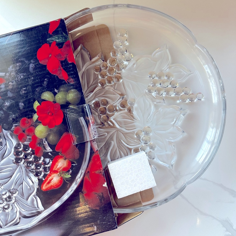 Elegant Floral Glass Platter, NWT, New in Box, 14 inch, frosted & clear glass!